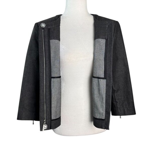 St. John Smokey Gray Denim Jacket Zipper Front and Zipper Pockets Womens Sz M - Picture 7 of 8